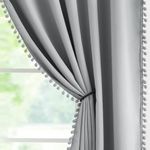 Pom Pom Grey Blackout Curtains for Bedroom 90 Inch Eyelet Thermal Insulated Curtains for Living Room 90% Room Darkening Window Curtains for Kids Nursery Men's Guest Room Drapes 54"W 2 Panels