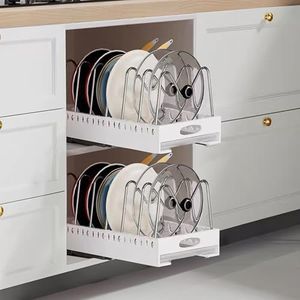 bealy 2 pack Pots and Pans Organizer Under Cabinet with Drip Tray, Pull out Cabinet Organizer Adhesive Pull Out Pot Lids Organizer and Storage with 9 Adjustable Dividers
