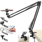 BROLAVIYA Overhead Video Mobile Stand, New Extra Long Arm, Large 2 Way Base clamp,1/4" Ball Head for Camera,Gopro Webcams, with Mobile Bracket