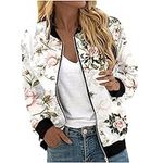 Women's Lightweight Bomber Jacket Casual Long Sleeve Fall Coat Zip Up Outerwear Vintage Flower Print Crop Windbreaker, A07_white, Small