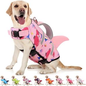 AOFITEE Dog Life Jacket, Dog Life Vest for Swimming, Shark Dogs Swimming Vest with Rescue Handle and Reflective Stripe, Ripstop Pet Float Coat Swimsuit Lifesaver Small Medium Large Dogs Pink XL