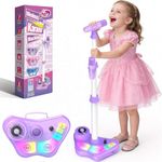 Exssary Kids Karaoke Machine Microphone with Stand, 3 4 5 6 7 8 Year Old Girl Gifts Toys Rechargeable Bluetooth Speaker with 2 Wireless Mic Birthday Gifts for Kids Grandkids Girls Age 3-8