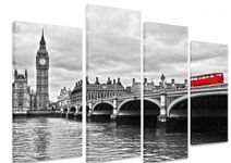 Art_Depot_Outlet PICTURE - Multi Split Panel Canvas Artwork Art - Red Bus On Westminster Bridge Black And White River Cloudy London 4 Panel - 101cm x 71cm (40"x28")