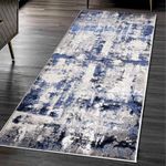 renoazul® Washable Soft Pile Turkish Hallway Rug, 60 x 220 cm, 2 ft x 7 ft 2 in, Abstract Navy, Jute Backed Unique Carpet Runners for Hallway, Stair, Corridor, and Narrow Entrance