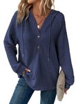 Dokotoo Women's Fashion Hoodies & Sweatshirts Drawstring Button V Neck Long Sleeve Oversized Waffle Knit Hooded Sweatshirt Casual Loose Fit Pullover Hoodie Tops Fall Outfits Plus Size Blue XX-Large