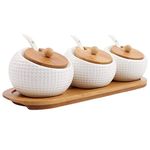 Agabani Ceramic Condiment Pots,Set of 3 Condiment Jar Spice Container with Bamboo Lids and Spoon Seasoning Pots for Kitchen,Coffee Bar,Condiment Spice Jar For Kitchen