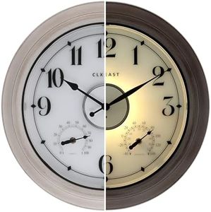 CLXEAST 18 Inch Illuminated Outdoor Clock with AI Smart Sensor, Large Farmhouse Wall Clock with Temperature & Humidity,Weathered White Finish,Unique House Warming Gifts