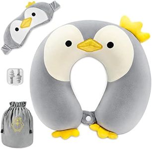 urnexttour Travel Neck Pillow for Kids, Best Memory Foam Pillow with Cute Sleep Mask & Earplugs, Lightweight Travelling Pillow Set for Airplane, Car, Train, Bus and Home Use (Penguin)