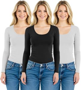 Emmalise Women's Junior and Plus Size Basic Scoop Neck Tshirt Long Sleeve Tee, 1xl, 3Pk 2 White, 1 Black