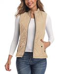 Xeoxarel Women's Quilted Vest, Stand Collar Puffer Lightweight Zip Padded Outerwear Gilet Khaki M