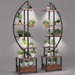 FRIZIONE 2 Pcs 6 Tier Tall Metal Indoor Plant Stand with Detachable Wheels, Half-Moon-Shaped Plant Shelf Holder with Drawer, Multi-Purpose Plant Stands with Grow Lights for Home Decor, Rustic Brown