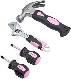 Amazon Basics 4-Piece Stubby Tool Set with Hammer, Screwdrivers and Adjustable Wrench - Pink