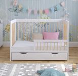 LUCA Baby Cot Bed 120x60cm with Large DRAWER & Premium ALOE VERA Foam Mattress | Included Wooden GUARD BARRIER & Five Adjustable Mattress Heights (Cot + Drawer + Mattress, White/Pine, 120x60cm)