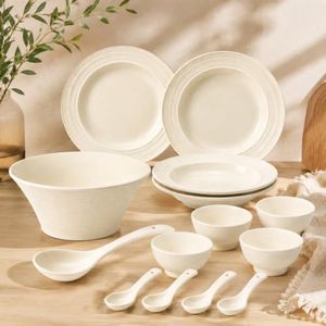 14Pcs Ceramic Dinnerware Set for 4, Plates and Bowls Set with Serving Bowl & Spoons, Cream Beige Stoneware Dishes Set, Chip Resistant, Microwave & Dishwasher Safe, Kitchen and Dining