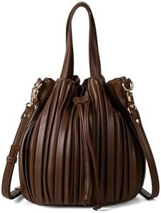 Extolove Bucket Bags for Women, Mini Leather Drawstring Crossbody Bucket Purses Pleated Shoulder Handbags, Chestnut, Small