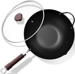 Jobin 32 cm/12.6-inch Wok Non Stick with Lid, Pre-Seasoned Chinese Carbon Steel Wok with Pouring Spout and Steel Helper Handle, Pan for All Cookware