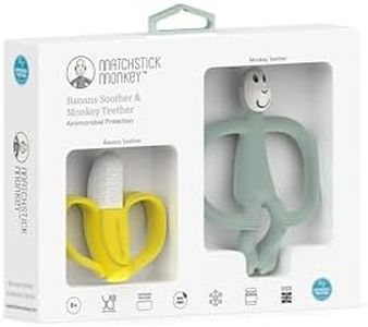 Matchstick Monkey, Antimicrobial Teething Gift Set - 1 Banana Shaped Soother and 1 Animal Teether, 3 Months Old+, Banana & Monkey