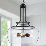 WUZUPS Chandelier Rustic Farmhouse Industrial Round Ceiling Pendant LED Light Fixture Clear Seeded Glass Shade for Dining Room Kitchen Island Foyer Entryway, H 20.9" x W 15.9", Black