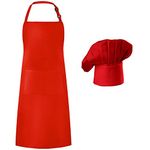 Hyzrz Chef Apron Hat Set, Chef Hat and Kitchen Adult Adjustable Baker Costume Apron for Men and Women Father's Gift (Red)