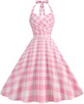 1950s Dresses for Women Vintage Retro Halter Neck/Spaghetti Straps Plaid A-line Swing Midi Dress (AU, Alpha, Large, Regular, Regular, Pink)