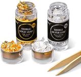 24K Edible Gold and Silver Leaf Flakes for Food Decoration (Cake, Chocolate, Steak, Drink & Cooking) and Spa, 50mg Edible Gold Leaf and 50mg Edible Silver Leaf with Edible Glitter & Tweezers