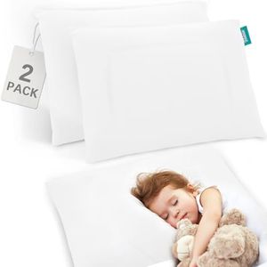 Toddler Pillow 2 Pack with Pillowcase (13 x 18), Cotton Kid Pillow for Sleeping, Machine Washable Soft Travel Pillow, Toddler Use Only, Age 2 to 5 (White)