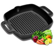 Velaze Griddle Pans Pre-Seasoned Cast Iron Frying Pan Square with Double Handle for Induction, Electric & Gas Hobs Grill Steak and Veggies Black