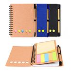 Kisdo 3 Packs Lined Spiral Notebook Kraft Paper Cover Notepad with Pen In Holder, Sticky Notes and Page Marker Colored Index Tabs, 4.5“x5.6” Steno Pocket Business Notebook (Navy/Brown/Black 3 Packs)