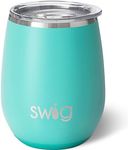 Swig Life 14oz Triple Insulated Stainless Steel Stemless Wine Tumbler with Slider Lid, Dishwasher Safe, Vacuum Insulated Travel Wine Glass (Multiple Patterns Available) (Matte Aqua)