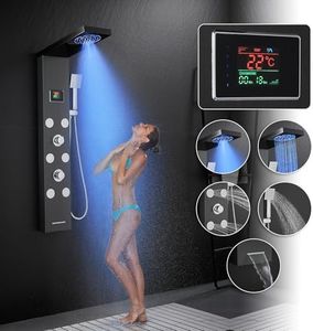 KEOKBON Panneau de douche LED sans batterie avec affichage de la température et de l'heure de la douche, 5 modes de douche – Douche à effet pluie, brume, 6 jets de corps à angle r�églable pour la main