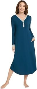 NACHILA Women's Nightgowns-Viscose Made from Bamboo, Long Sleeve Nightshirts Henley Sleepwear Soft Sleepshirt with Pockets Ink Blue L