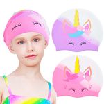 Sylfairy 2 pcs Kids Swim Cap Silicone Swimming Cap for Boys Girls (Age 2-6) Cover Ears Waterproof Bathing Cap Keep Hair Dry Swimming Hat for Hair (Pink+Purple, 6-12 Years)