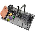 Waterfall Kitchen Sink, Stainless Steel Single Bowl Kitchen Sink, Drop in Kitchen Sink with Faucet Combo Topmount Workstation Sink with Accessories and Temperature Display (Color : Black Steel Color