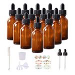 HWASHIN 12 Pack 1oz Amber Glass Bottles with Glass Eye Droppers for Essential Oils, Perfumes & Lab Chemicals (1 Brush, 2 Funnels, 2 Extra Droppers, 24 Pieces Labels & 30ml Measuring Cup Included)