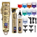 HATTEKER HT-658 Ultra Premium Metal Housing Hair Clipper Beard trimmer & Nose & Ear trimmer Set Powder Metallurgic Blade Digital Display 12 Guide Comb Clipper & T-cutter 0 Gapped Trimmer, Gold