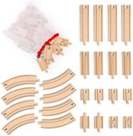 Wooden Train Tracks 24 Pieces Set, Track Expansion Pack with Storage Bag - Includes Male/Female Adapters - 100% Compatible with All Major Brands Including Thomas, Brio, Melissa & Doug