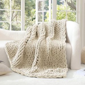 WRENSONGE Chunky Knit Blanket, Beige Large Chunky Knit Throw Blanket for Couch, Bed, 100% Hand Chenille Knitted Throw Blanket, Soft Fluffy Cable Knit Crochet Blanket, 50"x60" Chunky Blanket