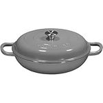 Enameled Cast Iron Shallow Casserole Braiser Pan with Cover, Cast Iron Covered Casserole Skillet 3.8-Quart, Enameled Grey