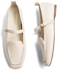 Coutgo Womens Mary Jane Flats Square Toe Slip On Ballet Flats Comfortable Dressy Work Office Loafers Shoes, Cream White, Size 6