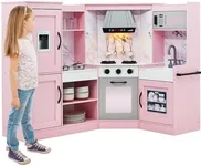 Best Choice Products Pretend Play Corner Kitchen, Ultimate Interactive Wooden Toy Set for Kids w/Lights & Sounds, Ice Maker, Hood, Utensils, Oven, Microwave, Sink - Pink