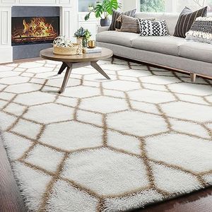 ONASAR Large Living Room Area Rug 6x9, White and Beige Geometric Rugs Floor Mat for Bedroom Home Decor Aesthetic, Soft Fuzzy Shaggy Plush Fluffy Moroccan Carpet for Dorm Classroom Farmhouse