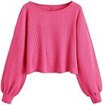 SweatyRocks Women's Casual Crewneck Raglan Long Sleeve Ribbed Knit Crop Top Cropped Sweater Hot Pink M