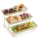 LYEOBOH 3 Tier Serving Stand and Platters Set Large Tiered Serving Platters with Collapsible Sturdier Rack 14 Inches Tiered Serving Tray for Appetizer Fruit, Dessert and Cupcake, White