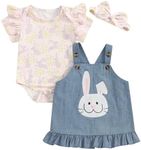 BeQeuewll Baby Girl Easter Outfit Newborn Bunny Dress Short Sleeve Rabbit Romper Denim Overall Headband Girl Easter Clothing, Denim Blue, 6-9 Months