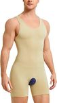 Ursexyly Men Sleeveless Full Body Shaper Compression Tank Top Slimming Bodysuit Underwear Shorts Tummy Control Shapewear Vest Beige