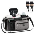 TOPDesign Universal Baby Stroller Organizer, Stroller Caddy with Heightened Insulated Cup Holders & Non-Slip Secure Hooks Accessories, Fits Most Strollers, Machine Washable (Grey)