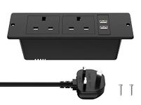 Recessed Power Strip with USB, Recessed Power Outlet with 2 USB, Desk Power Socket with 2 Outlets 2 Screws, Hidden in Furniture Desk Table, 1.8M/6FT Cable, Black