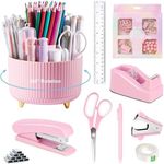 Pink Desk Accessories, Pink Office Supplies 360°Pen Holder Desk Organizers and Accessories with Tape Dispenser, Stapler, Staple Remover, 1000 Staples, Tape, Clips Set, Ruler, Scissor, Pen