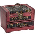 Primo Supply Rustic Wooden Lock Box - Asian-Style Box with Drawer - Rustic Decor Wooden Box Organizer - Tabletop Decorative Box - Storage Chest with Lock - Storage Trunk - Mens Jewelry Box