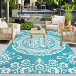 Capslpad Reversible Mats 150x245cm Waterproof Outdoor Patio Rug Boho Floral Plastic Straw Rug Portable RV Camping Rug Indoor Outdoor Carpet for Garden Porch Backyard Trailer Balcony Picnic Decor,Teal